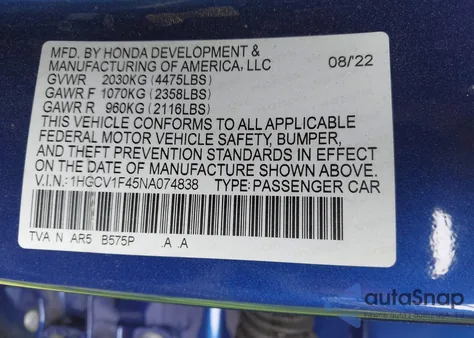 2022 Honda Accord Sport Special Edition from USA, damaged, VIN 1HGCV1F45NA074838